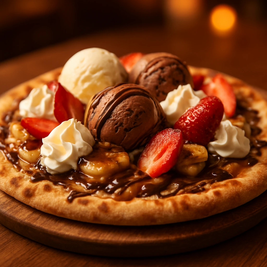 Pizza de sorvete com banoffee e frutas servida na DuCais